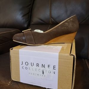 Brinley Co.  Gael Faux Suede Buckle Comfort-Sole Wedges Brown, 8.5 Regular US